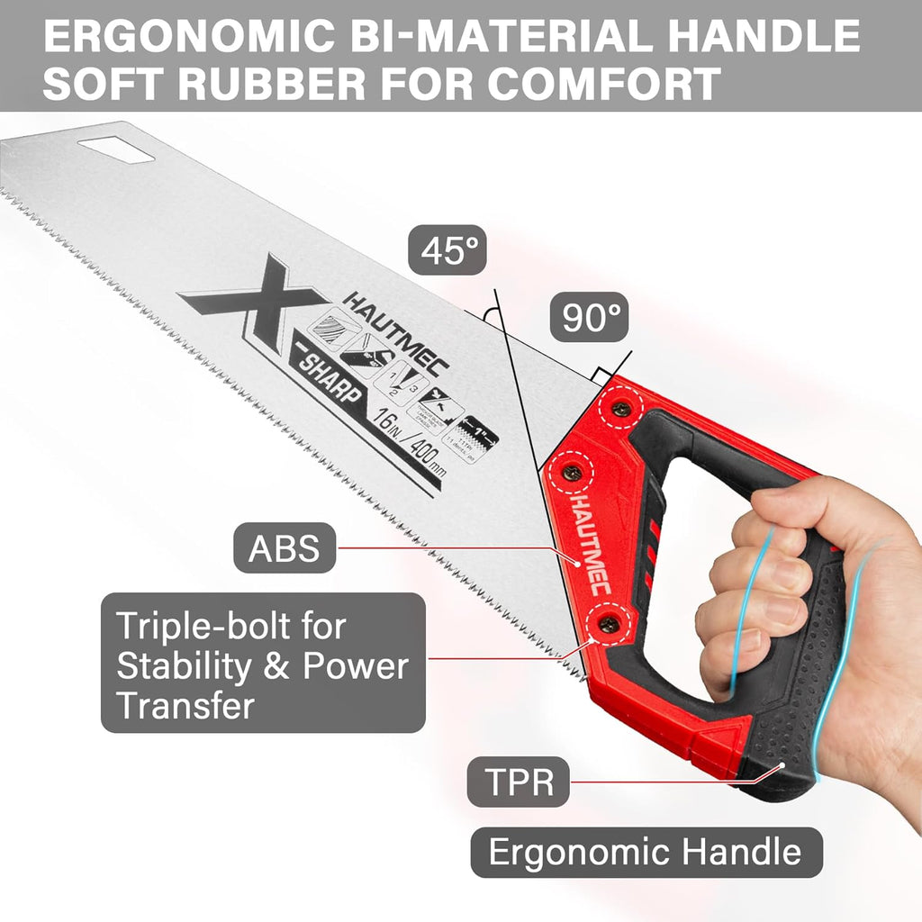 HAUTMEC 16" X-Sharp Universal Hand Saw for Speed, Cuts Quality and Accuracy, Fine-Cut Handsaw with 11 TPI Triple-Ground Teeth and 1mm Thickened Large Blade, Bi-Material Ergonomic Soft Handle – HT0152