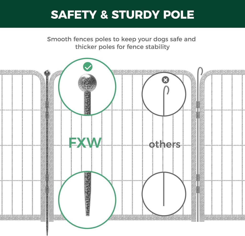 FXW Garden Fence Outdoor for The Yard – 24in(H) x 15.2ft(L) Heavy Duty Metal Animal Barrier for Dog and Rabbit, Decorative Dog Fence, 8 Panels, Silver
