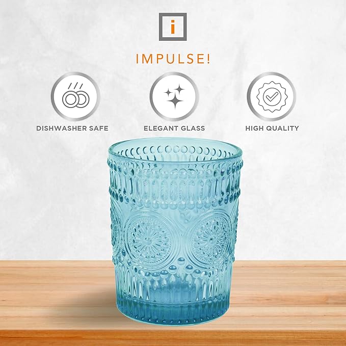 IMPULSE! Tuscan Rocks Glass Set - Aqua, Dishwasher Safe, Chic Vintage Style - 8 oz - Ideal for Gin, Mixed Cocktails, Bourbon, Margaritas, Soft Drinks, Beer, Water - Mexican Style Glasses - Set of 4