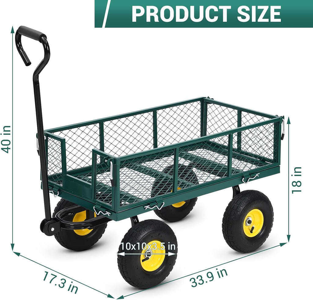 550 Lbs Steel Garden Cart. Heavy Duty Metal Garden Wagon with 10" Wheels, Pullable Metal Garden Wagon w 180° Rotating Handle and Removable Sides for Farm, Yard,