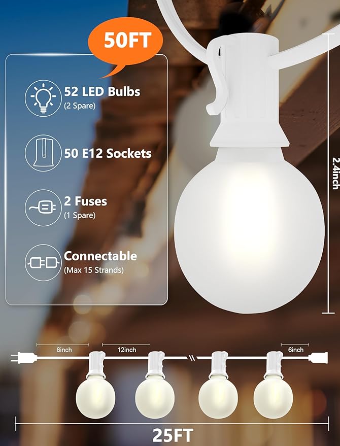 SUNSGNE White String Lights Outdoor, 50FT White Outdoor Lights with 52 G40 LED Frosted Shatterproof Bulbs(2 Spare) for Balcony Patio Tent Backyard Bistro Cafe Christmas Decor