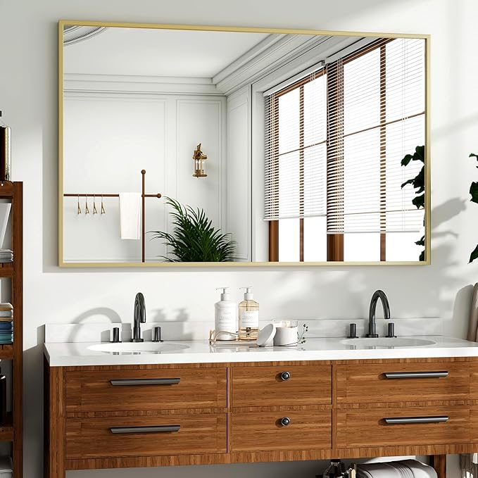 HARRITPURE 48"x30" Framed Bathroom Mirror for Wall Rectangle Mirror Aluminum Alloy Frame Wall-Mounted for Farmhouse Entryway Bedroom Living Room Gold