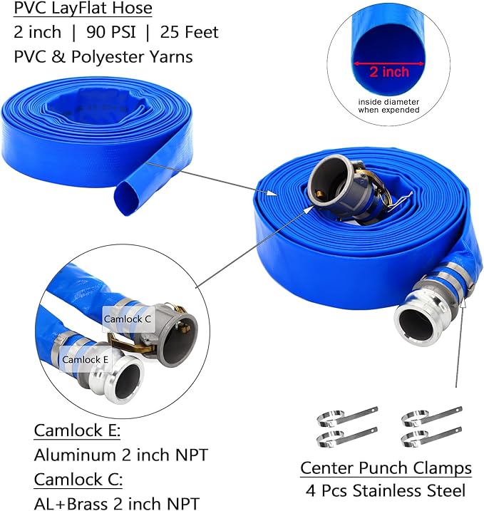 DAVCO 2" ID × 25 ft PVC Lay Flat Discharge Hose, Heavy Duty Reinforced Blue Pool Backwash Hoses For Swimming Drain Pools, with Aluminum Camlock C and E Fittings, Cam Lock Fitting Type F included