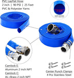 DAVCO 2" ID × 25 ft PVC Lay Flat Discharge Hose, Heavy Duty Reinforced Blue Pool Backwash Hoses For Swimming Drain Pools, with Aluminum Camlock C and E Fittings, Cam Lock Fitting Type F included