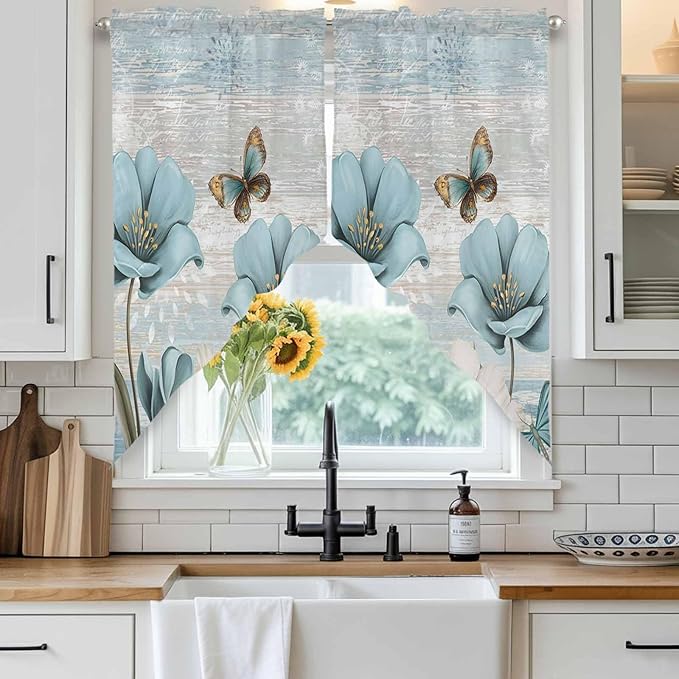 Spring Floral Swag Valances for Windows, Vintage Tulips Flower Butterfly Retro Wood Blue Rod Pocket Kitchen Curtains Valance, Small Window Curtains Swag for Cafe Living Room, 2 Panels, 28x36 inch