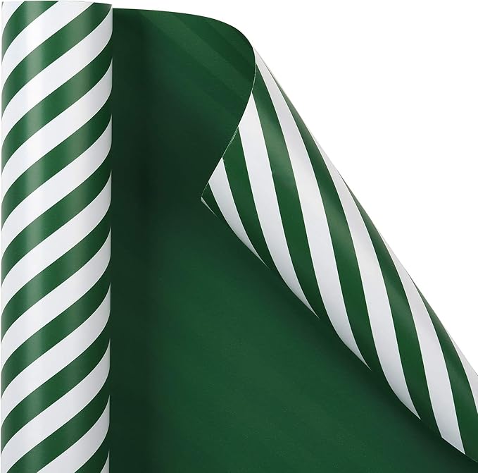 WRAPAHOLIC Reversible Wrapping Paper - Mini Roll - 17 Inch x 33 Feet - Dark Green and Stripes Design for Christmas, Birthday, Holiday, Wedding, Baby Shower