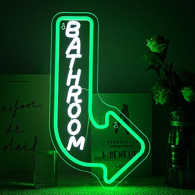 Looklight Bathroom Arrow Neon Signs for Wall Decor Green White LED Word Light Sign Right-Pointing Arrow Neon Light USB Light Up Letters Sign for Bathroom Bar Home Toilet Park Party Decor