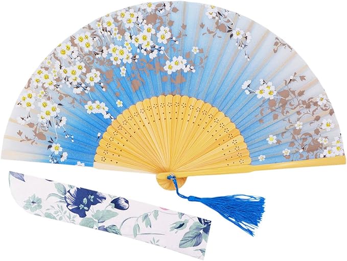 Amajiji 8.27"(21cm) Hand Held Bamboo Silk Folding Fan Hand Fan,Chinese/Japanese Charming Elegant Vintage Retro Style,Women Ladys Girls Best Gifts (SkyBlue)