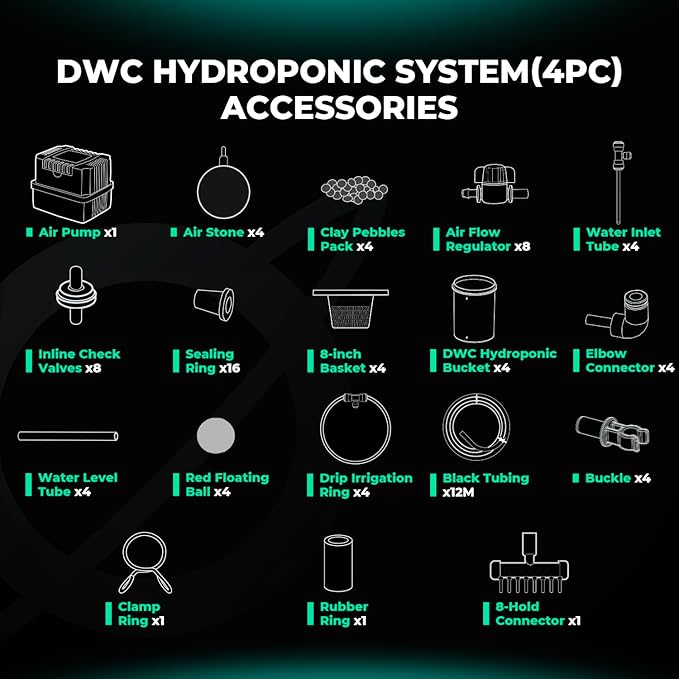 MARS HYDRO DWC Hydroponics Grow System 5 Gallon Deep Water Culture with Recirculating Drip Garden System 11W Air Pump, Multi-Purpose Air Hose, Air Stone, 4 Buckets and Top Drip Kit