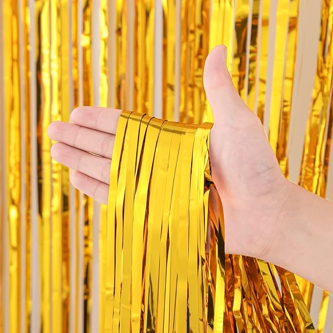 2 Pack Gold Foil Fringe Backdrop Curtains, Tinsel Streamers Birthday Party Decorations, Fringe Backdrop for Graduation, Baby Shower, Gender Reveal, Disco Party