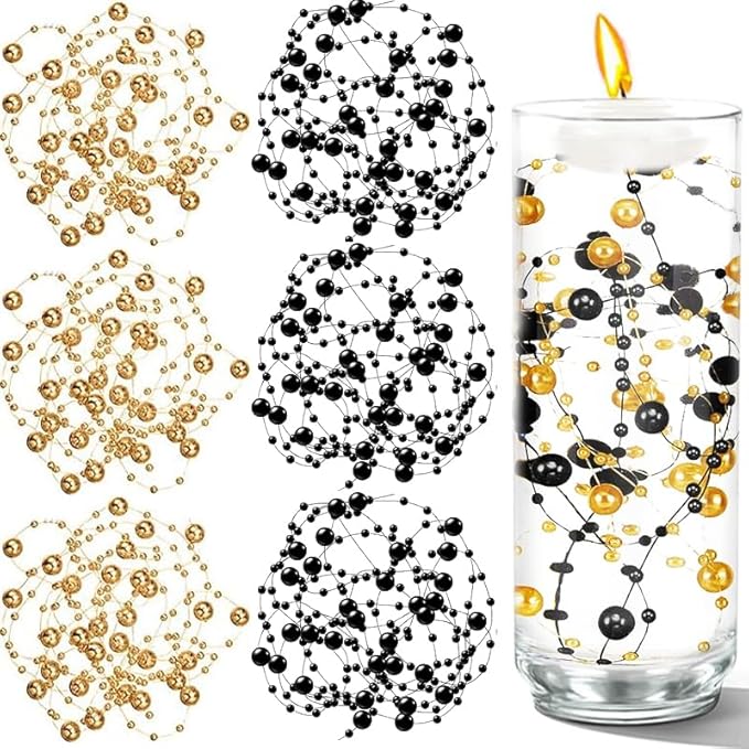 100 PCS Artificial Floating Beads for Centerpieces Vases, Black Gold 8+3mm String Beads for Wedding Party Faux Pearl String for Decorating, String Pearls for Crafts Vase Filler