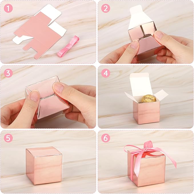 EUSOAR Candy Boxes Party Favors, 60pcs 2x2x2 Inches Small Gift Boxes Wedding Candy Box with Ribbons, Mini Bakery Cookies Box Square Chocolate Containers for Anniversary Bridal Party Favor Decoration