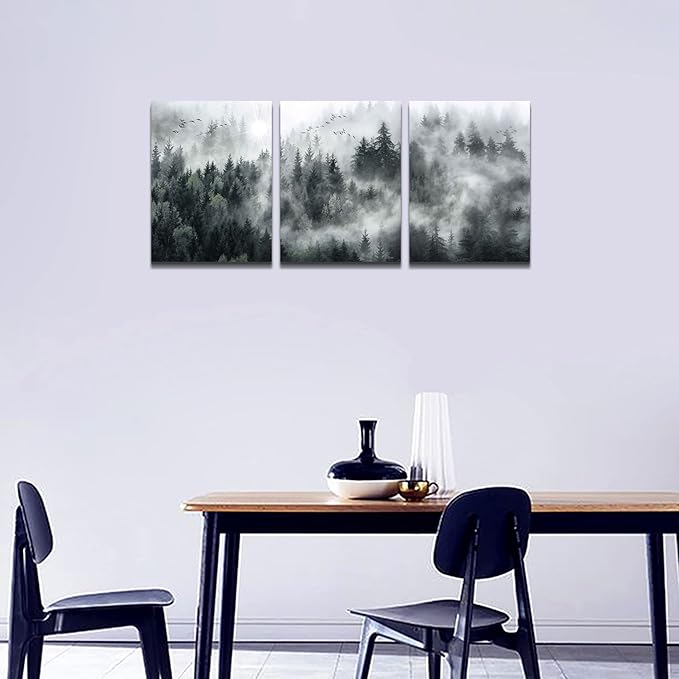 Canvas Wall Art For Living Room Modern Wall Decorations For Bedroom Foggy Forest Trees Landscape Wall Painting Office Wall Decor Canvas Prints Home Decor Ready To Hang Wall Pictures 16"X24"X3 Panels