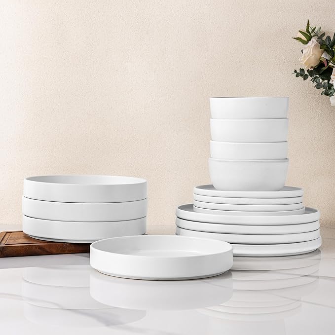 AmorArc Stoneware Dinnerware Sets with Pasta Bowl Set, Reactive Ceramic Plates and Bowls Set, Highly Chip and Crack Resistant | Dishwasher & Microwave Safe | Round Dishes Set Service for 4 (16pc)