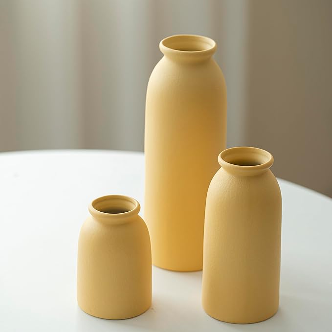 Ceramic Vase Set-3, Small Flower Vases for Decor, Modern Boho Farmhouse Style, Decorative Vases for Pampas Grass & Dried Flowers, Distressed Finish (Yellow)