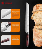 Serrated Bread Knife, KEEMAKE10 inch Ultra Sharp Serrated Bread Slicer for Homemade Bread Cake Bagels Cutting Less Crumbs - High Carbon Stainless Steel Cake Slicer with Ergonomic Wood Handle, Gift Box