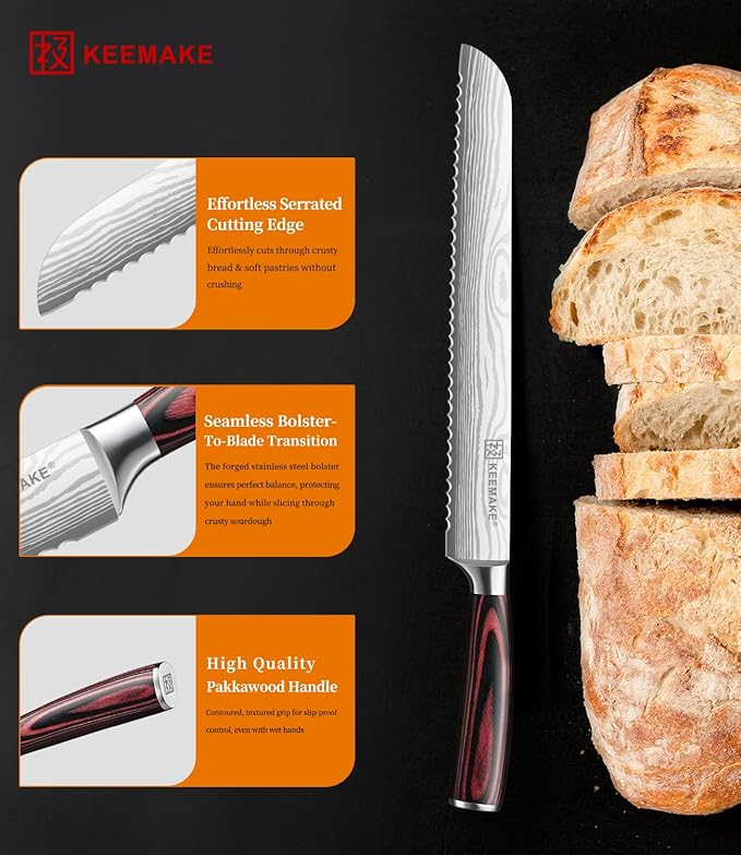 Serrated Bread Knife, KEEMAKE10 inch Ultra Sharp Serrated Bread Slicer for Homemade Bread Cake Bagels Cutting Less Crumbs - High Carbon Stainless Steel Cake Slicer with Ergonomic Wood Handle, Gift Box