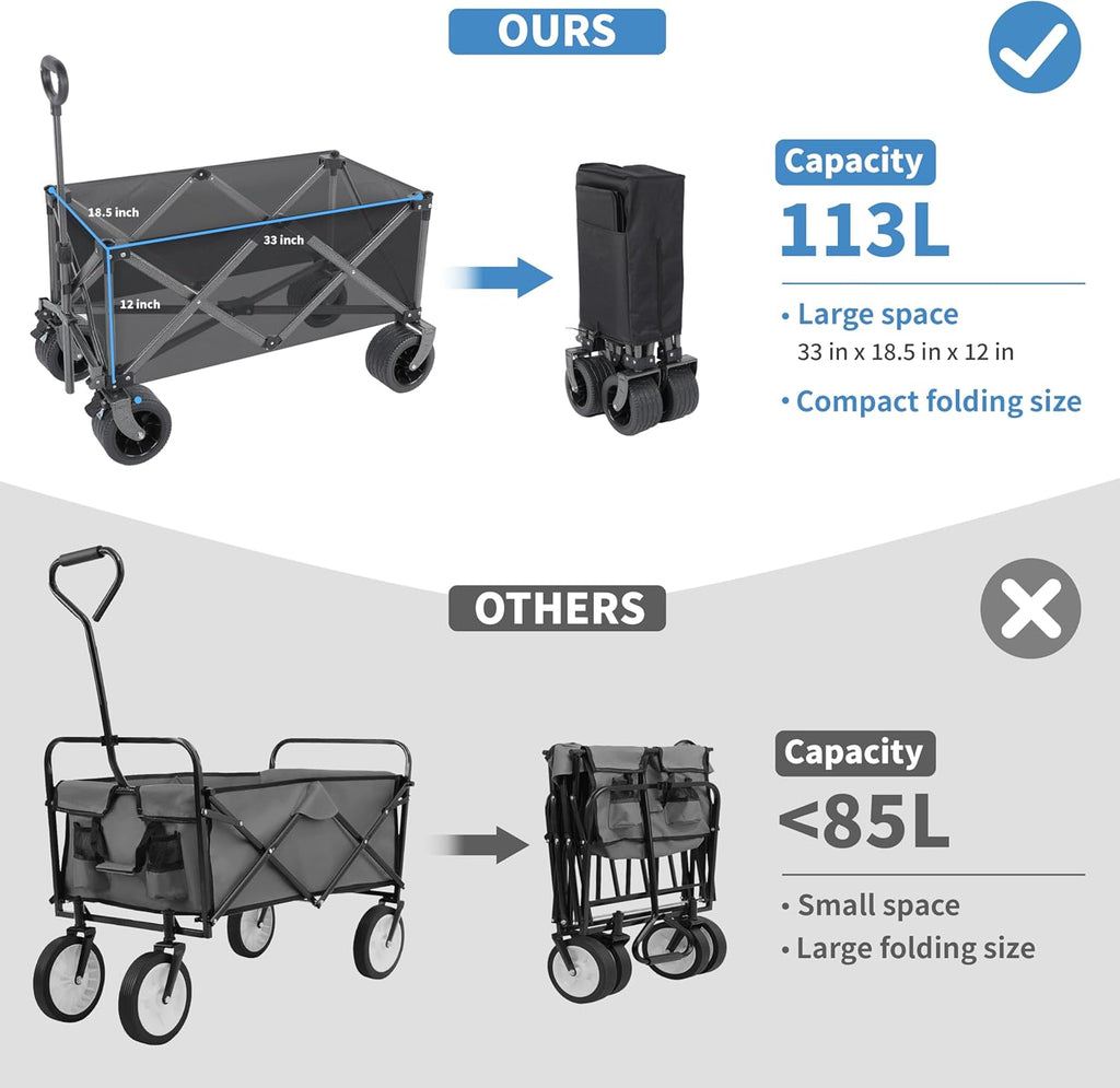 Beach Cart with 7 inch All-Terrain Wheels, Wagons Carts Heavy Duty Foldable, Utility Grocery Wagon with Side Pocket for Camping Garden Sports