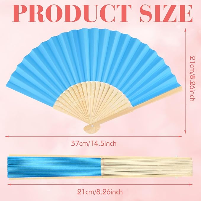 12 Pieces Blue Hand Held Bamboo Folding Fans Paper Fans Handheld for Women Foldable Girls Wedding DIY Decoration Church Home Party Favors Summer