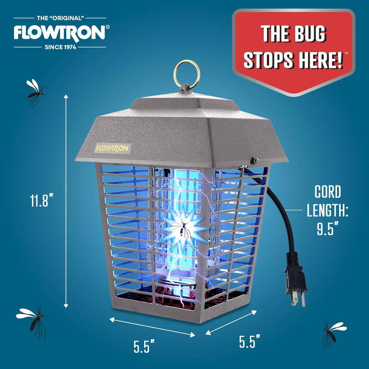 Flowtron Electric Bug Zapper 1/2 Acre Outdoor Insect Control with Dual Lure Method, 15W UV Light & Octenol Attractant for Fly & Mosquito, 5600V Kill Grid, Made in USA, UL Certified - Grey Color