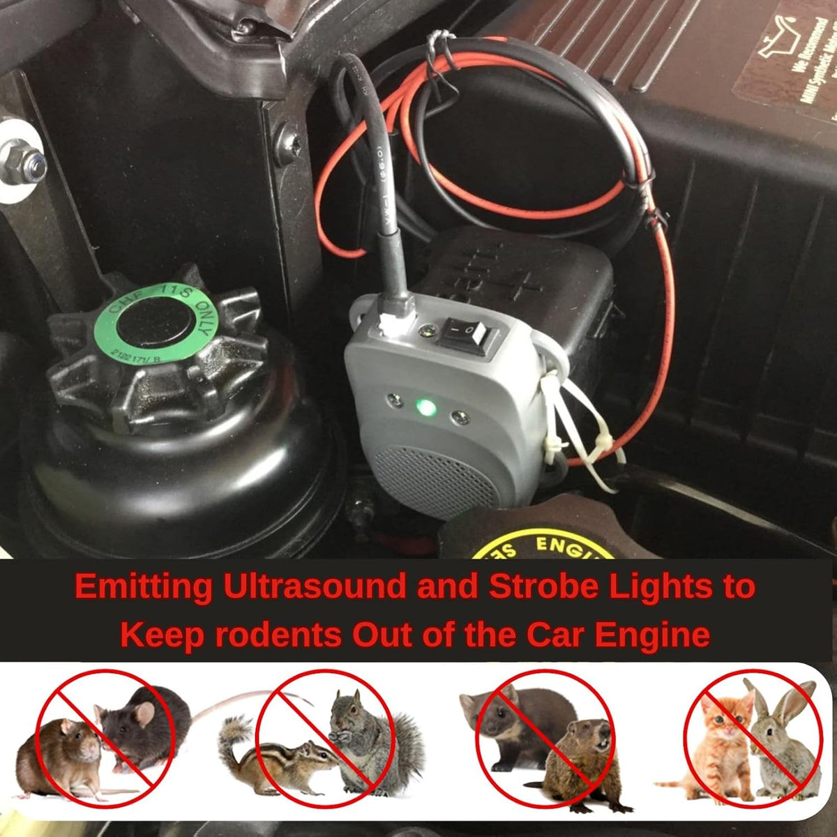 Under Hood Rodent Repellent for Car Engine with Strobe Lights Ultrasonic Mouse Repellent Mice Deterrent Rat Repeller Squirrel Repeller RV Protection for 12V 24V Car Battery 2 Pack