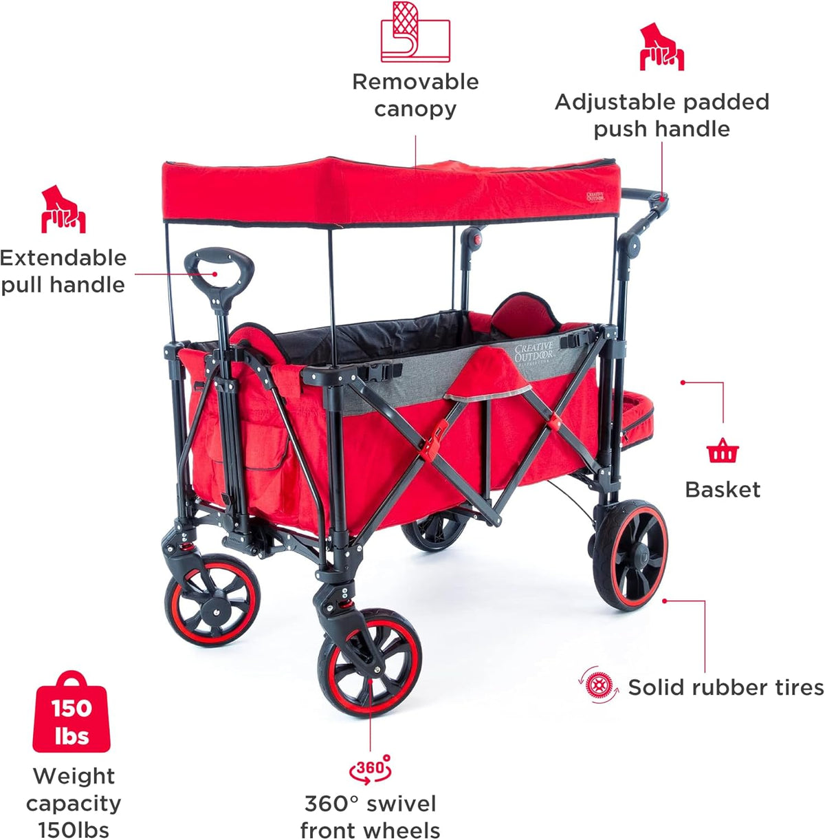 Creative Outdoor Push Pull All-Terrain Collapsible Folding Stroller Wagon for Kids, 150lbs Weight Capacity, Platinum Series, Beach, Park, Garden & Tailgate, (Red)
