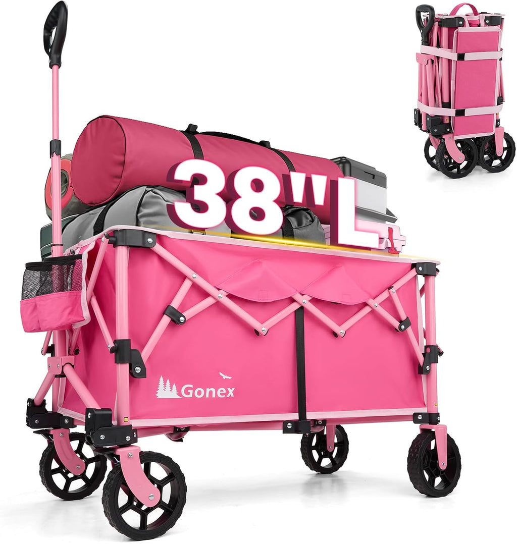 Gonex 38''L Extra Long Collapsible Foldable Wagon Cart with 360lbs Weight Capacity, 220L Folding Utility Garden Cart with Detachable Wheels for Grocery Sports Shopping Camping - Pink