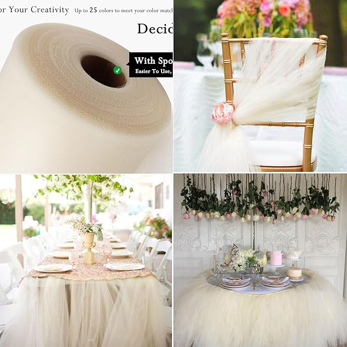 Ivory Tulle Fabric Rolls 54 Inch by 10 Yards Fabric Tulle Bolt for Wedding Christmas Decorations Gift Wrapping DIY Tutu Baby Shower Table Skirt Birthday Party Craft Supplies