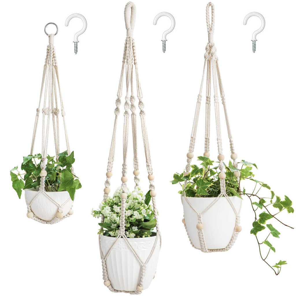 Mkono 3 Pack Macrame Plant Hangers Hanging Planters for Indoor Plants Ivory