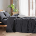 BESTOUCH Duvet Cover Set 100% Washed Cotton Linen Feel Super Soft Comfortable Chic Lightweight 3 PCs Home Bedding Set Solid Deep Black Oversized King