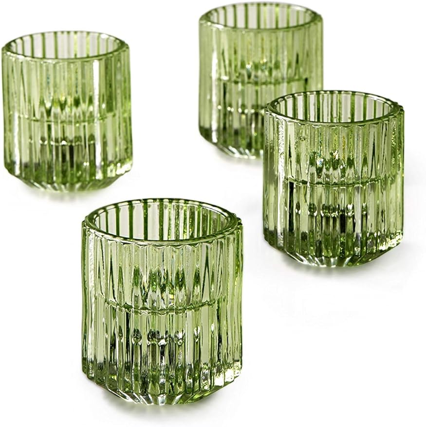 Serene Spaces Living Set of 4 Green Ribbed Glass Votive Holders, Perfect for Weddings and Home Décor, Measures 2.25" Tall and 2" Diameter