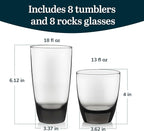 Libbey Classic Rocks and Tumbler Glasses Set of 16, Smoke Hue, Lead-Free Water Glasses, Dishwasher Safe Drinking Glasses Set