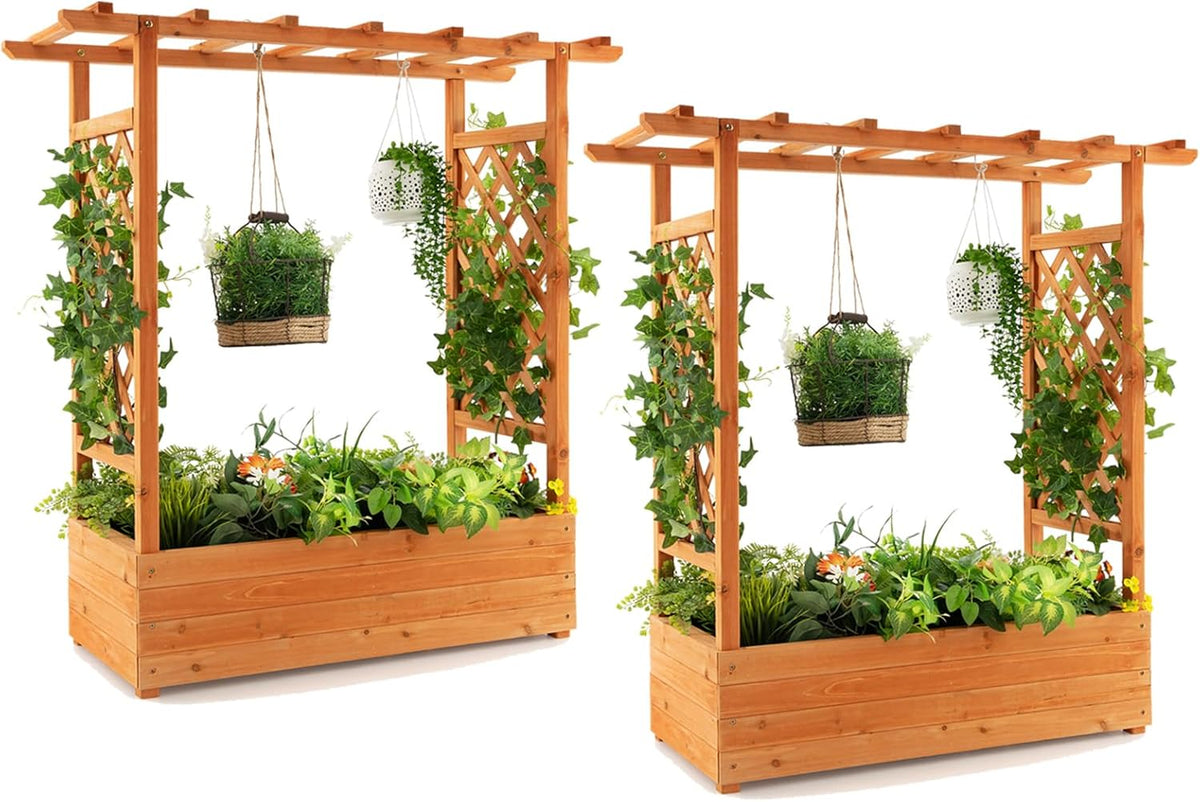 S AFSTAR Raised Garden Bed with Arch Trellis, Wood Planter Box with Hanging Roof, Side Trellis, 4 Drainage Holes, Above Ground Elevated Garden Bed for Outdoor Climbing Plants Vines Patio