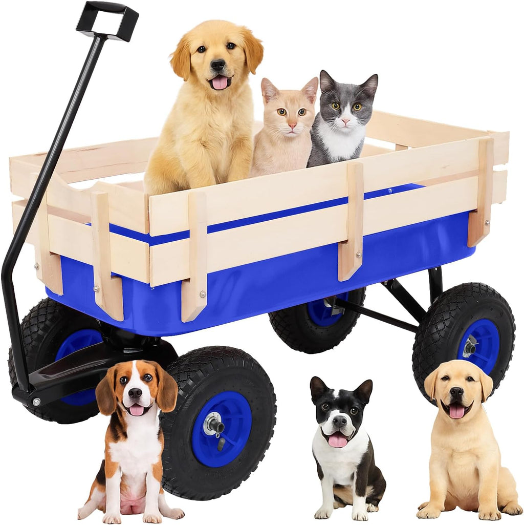 Outvita All-Terrain Cargo Wagon with 10'' Air Tires, Steel Structure Wagon with Removable Wooden Side Panels for Kids, Garden and Cargo, Up to 220lbs Capacity, 38'' L x 19'' W x 31'' H (Blue)