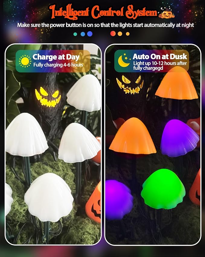 OZS 2PK 55FT 32LED Halloween Orange Purple and Green Solar Mushroom Lights Outdoor, Solar String Light with 8 Lighting Modes Auto On/Off, Halloween Garden Lights for Witch Decorations