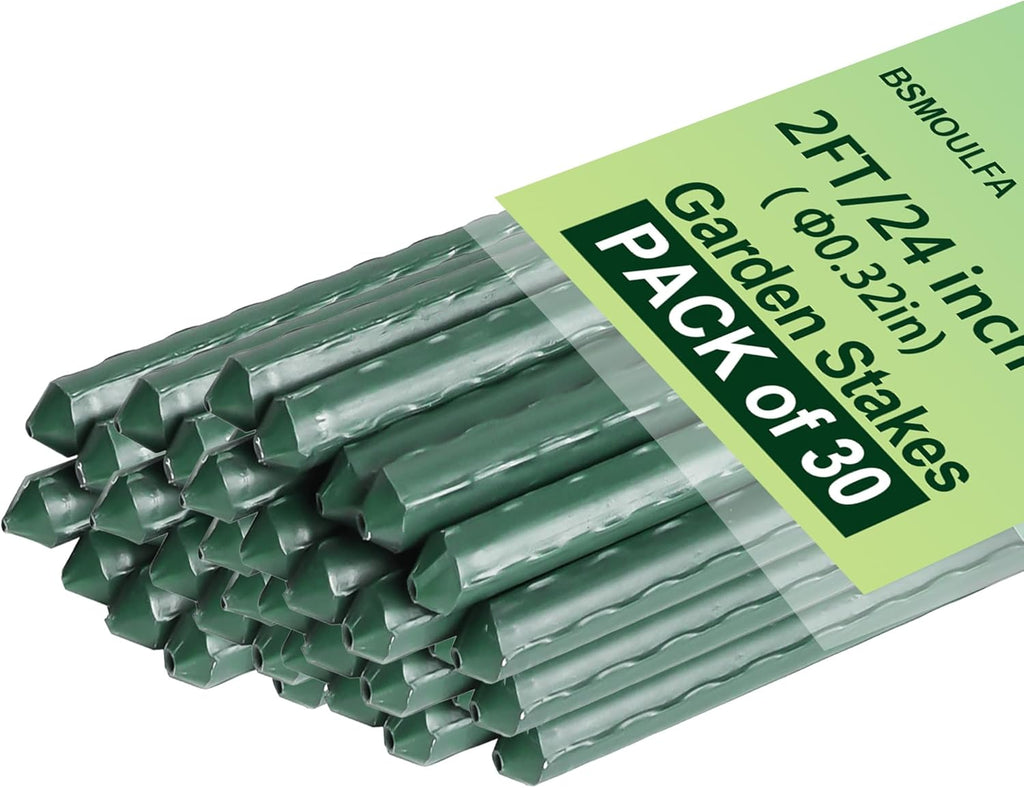 Garden Stakes 24 Inch, 2ft Metal Plant Stakes 30 Pack for Gardening and Farm, Plastic Coated Plant Support for Tomato, Cucumber, Bean, Flower, Potted More Climbing Plants