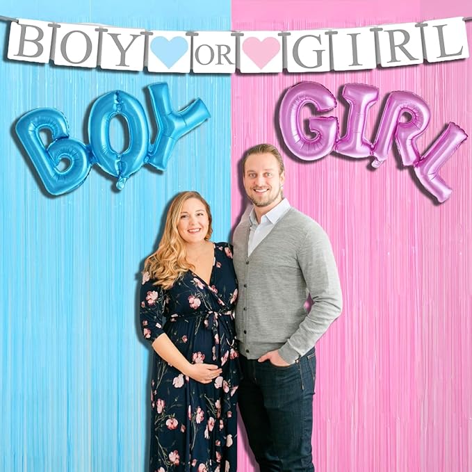 4 Pack Macaron Pink Blue Foil Fringe Curtain Backdrop, 3.28Ft x 8.2Ft Metallic Tinsel Foil Fringe Streamers for Photo Booth, Wedding Gender Reveal Backdrop Boy or Girl Birthday Party Decoration