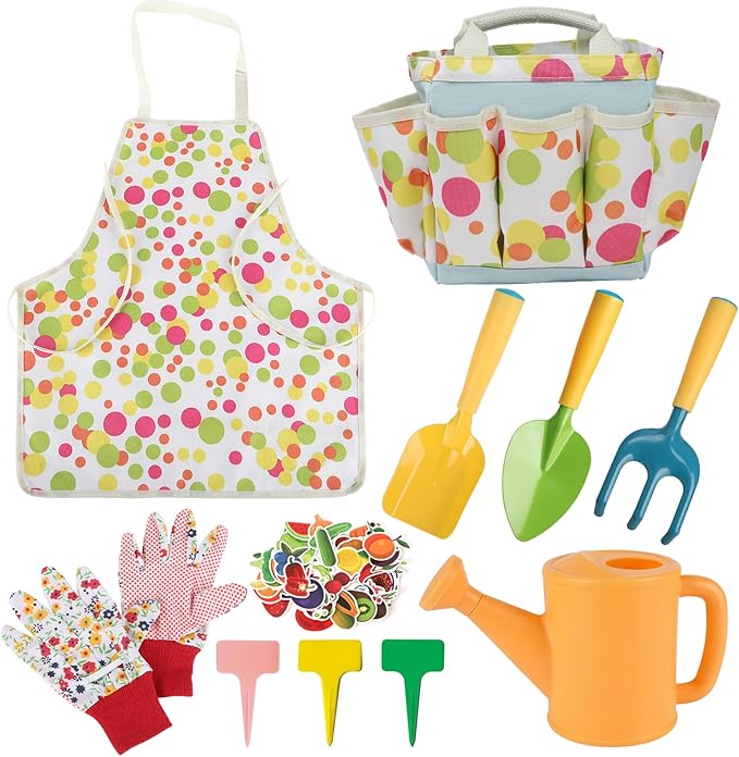 Kids Gardening Set, Kids Gardening Tools with Watering Can, Shovel, Rake, Gloves, Waterproof Apron and Storage Bag, Children Garden Tool for Boys Girls Age 3 4 5 6 7 8