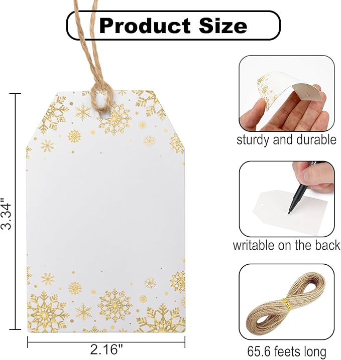 100Pcs Golden Snowflakes Gift Tags with String Attached Gift Tags for Presents Personalized White Paper Gift Labels for Birthday Party Wedding Christmas Favor Gift Wrap