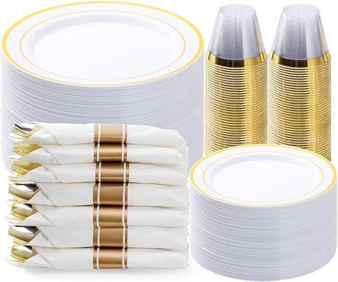 BESTVIP 350PCS Gold Plastic Dinnerware Set, Disposable Party Plates for 50 Guests, Include: 100 Plastic Plates, 50 Pre Rolled Napkins with Gold Silverware, 50 Cups