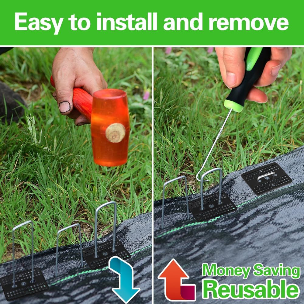 Bakulyor 100 Pcs Landscape Staples + 100 Pcs Gasket, 6 Inch Garden Stakes Staples 11 Gauge U Shaped Galvanized Lawn Landscape Pins, Heavy Duty Yard Ground Pin for Weed Barrier Sod Fabric Decorations