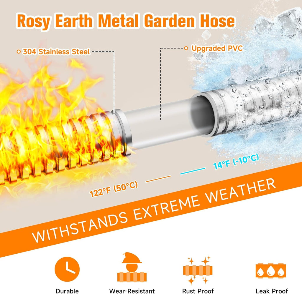 Expandable Metal Garden Hose 50 FT - 304 Stainless Steel Water Hose 50 FT - Lightweight non Kinking Flexible Garden Hose, no Bite
