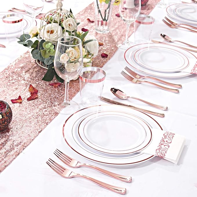 WDF160 Piece Rose Gold Disposable Cutlery Set - Heavyweight Plastic Silverware - Includes 80 Forks, 40 Spoons, 40 Knives - Rose Gold Silverware Perfect for Wedding/Party
