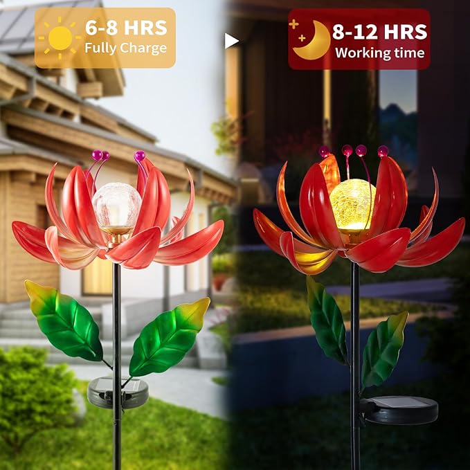 Solar Lights Outdoor Garden Decor, Solar Wind Spinner Yard Decorations for Outside, Lotus Windmill Pathway Lights with LED Cracked Crystal Ball Waterproof Flower Sculpture for Patio Lawn Garden Gifts