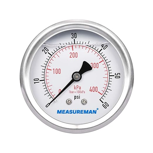 MEASUREMAN 2-1/2inch Dial Size, Liquid Filled Pressure Gauge, 0-60psi/400kpa, 304 Stainless Steel Case, 1/4inchNPT Back Mount