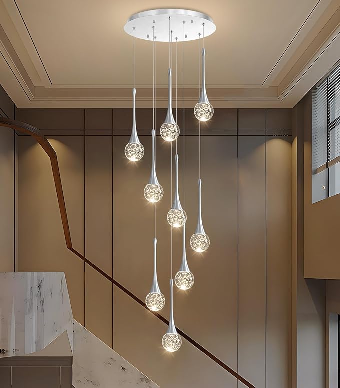 9 Light Modern Glam Crystal Chandelier for High Ceiling LED Dimmable Ceiling Pendant Light Staircase Foyer Enterway Living Room Chandelier Lighting Antique Silver