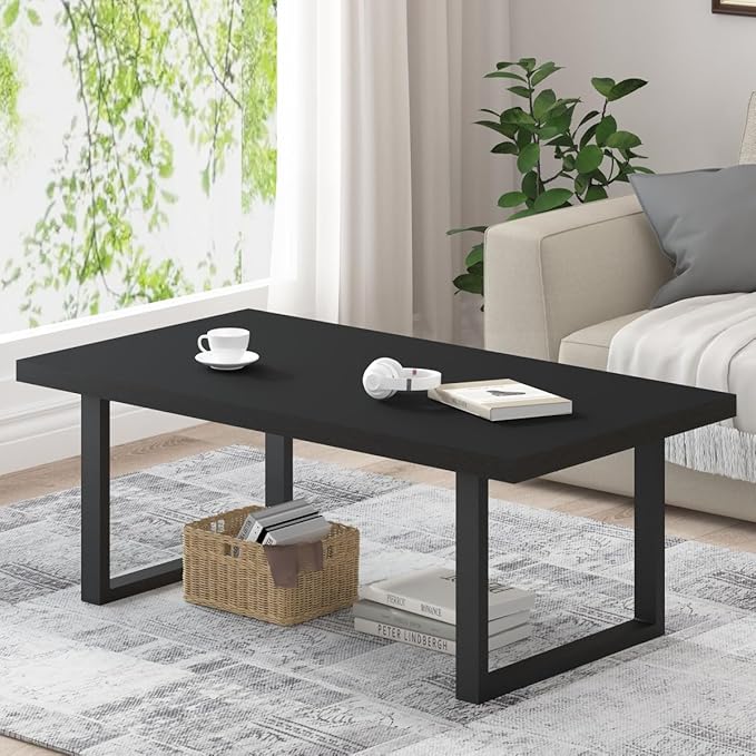 IBF Modern Black Coffee Table, Minimalist Industrial Wooden Center Table, Simple Farmhouse Rectangle Living Room Table, Wood and Metal Cocktail Coffee Table for Home Bedroom Office, Black Oak, 47 Inch
