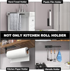 Paper Towel Holder - Self-Adhesive or Drilling, Matte Black, Upgraded Aluminum Kitchen Roll Dispenser Under Cabinet, Lighter but Stronger Than Stainless Steel!