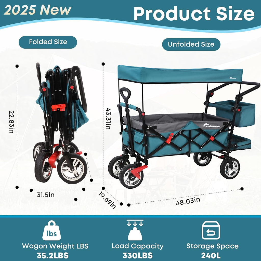 Collapsible Wagon with Canopy,330lbs Cart, Collapsible Foldable Garden Cart- with Adjustable Push Pulling Handles Outdoor Utility Wagon for Beach Garden Camping, Blue