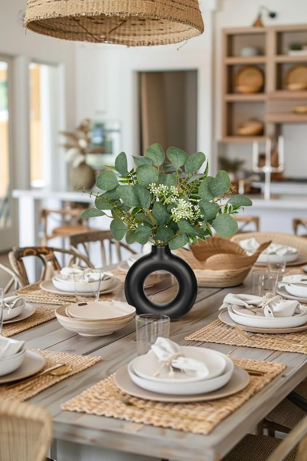 Artificial Eucalyptus Stems in Ceramic Vase 14.23" Fake Eucalyptus Plant Decor Black Donut Vase with Greenery Centerpiece Table Decorations Small Faux Green Plant for Home Farmhouse Wedding Table